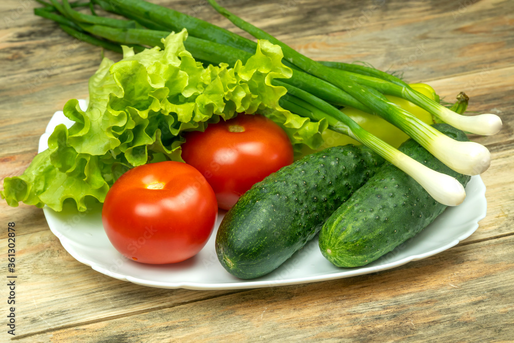 beautiful fresh, juicy vegetables on a white plate: fresh peppers, tomatoes, cucumbers, lettuce, dill, green onion