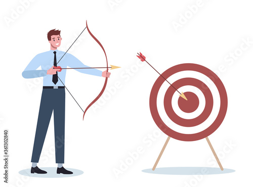Business character aiming in target and shooting with arrow. Employee
