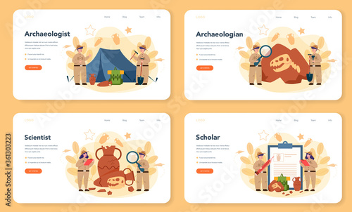 Archaeologist web banner or landing page set. Ancient history