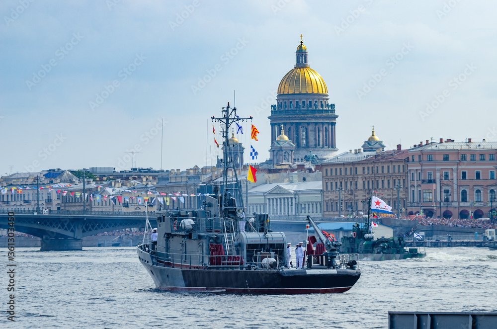 Naval parade. Baltic Fleet of the Russian Federation. Military parade of ships. Army review. Military holiday. Northern Fleet of Russia. St. Petersburg, Russia, 08.28.2019