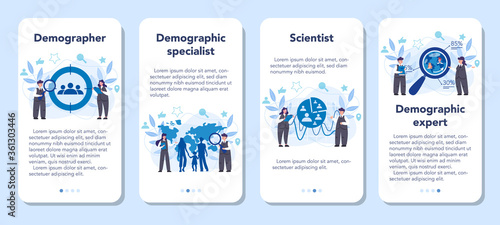 Demographer mobile application banner set. Scientist studying