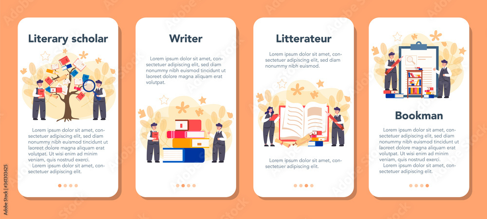 Fototapeta premium Literary scholar or critic mobile application banner set. Scientist