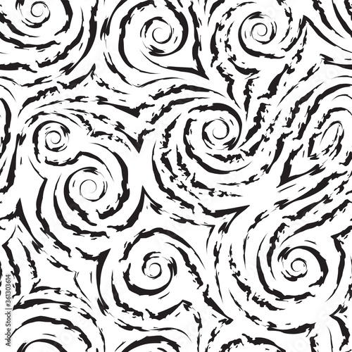 Vector seamless black texture in the form of spirals and curls of waves and splashes on a white background. Swirl or flow in the form of smooth lines with torn edges. Texture for fabric and paper