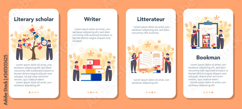 Literary scholar or critic mobile application banner set. Scientist