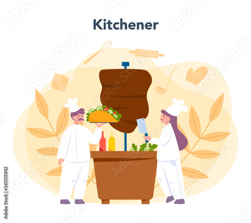 Shawarma street food concept. Chef cooking delicious roll