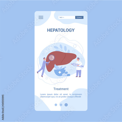 Hepatology concept application banner. Doctor make liver