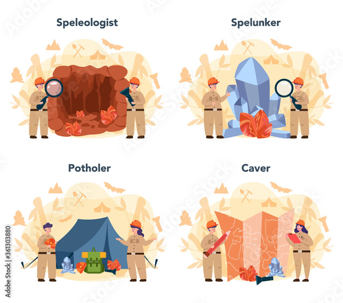 Speleologist concept set. Scientst exploring deep cave with
