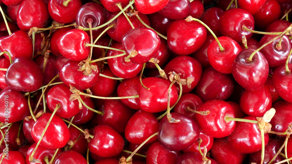Fototapeta premium A lot of fresh delicious red cherries in a box close-up at the rural market