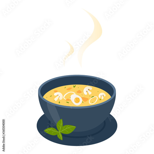 Bowl with hot tasty soup. Collection of soup and ingredients.