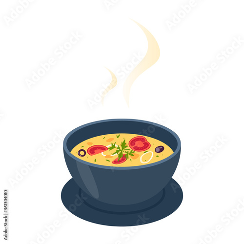 Bowl with hot tasty soup. Collection of soup and ingredients.