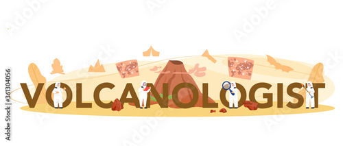 Volcanologist typographic header concept. Geologist studying the processes
