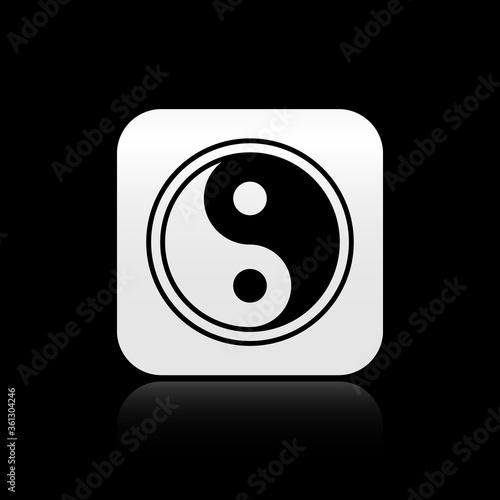 Black Yin Yang symbol of harmony and balance icon isolated on black background. Silver square button. Vector Illustration.
