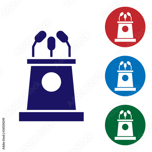 Blue Stage stand or debate podium rostrum icon isolated on white background. Conference speech tribune. Set icons in color square buttons. Vector Illustration.