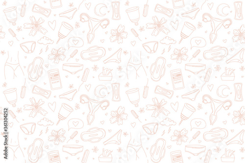 Women menstruation periods seamless pattern underpants, pads, tampons, menstrual cup