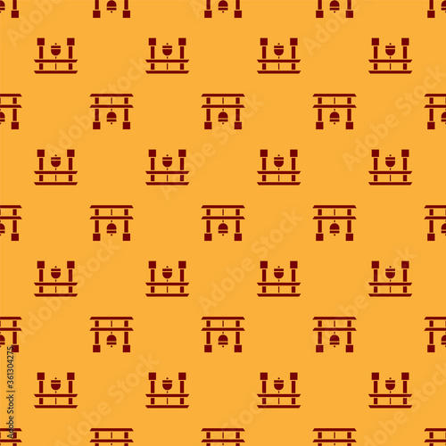 Red Japan Gate icon isolated seamless pattern on brown background. Torii gate sign. Japanese traditional classic gate symbol. Vector Illustration.