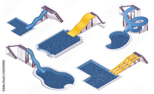Isometric set of water slides with pools. For hotels, water parks, villas and aqua water parks. 3d collection