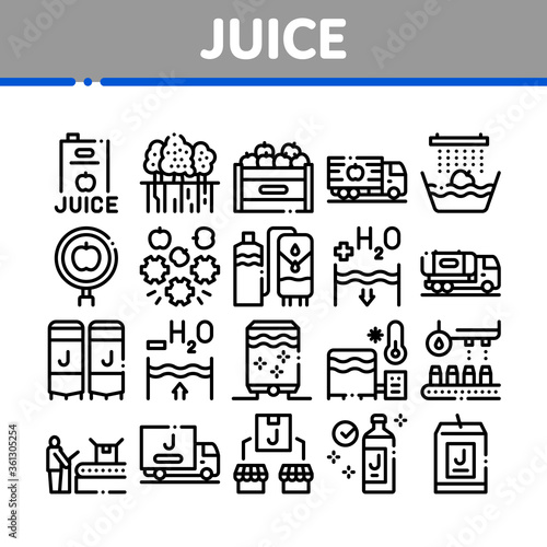 Juice Production Plant Collection Icons Set Vector. Juice Package And Bottle, Fruit In Box And Tree Garden, Factory Conveyor And Packaging Concept Linear Pictograms. Monochrome Contour Illustrations