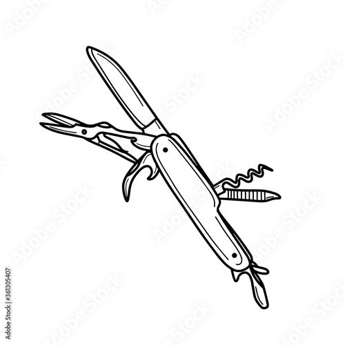 Multitool folding camping knife.Portable knife with scissors, screwdriver, file. Vector illustration in the Doodle style