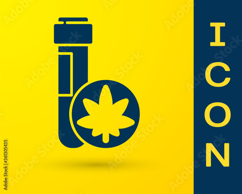 Blue Chemical test tube with marijuana or cannabis leaf icon isolated on yellow background. Research concept. Laboratory CBD oil. Vector Illustration.