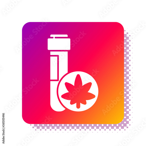 White Chemical test tube with marijuana or cannabis leaf icon isolated on white background. Research concept. Laboratory CBD oil. Square color button. Vector Illustration.