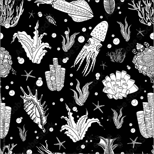 Algae oceanic pattern. Floral summer pattern. Summer design. BLACK BACKGROUND.
