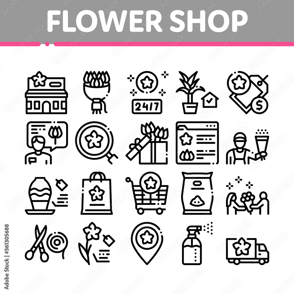 Flower Shop Boutique Collection Icons Set Vector. Flower Store Building And Delivery, Floral Present And Vase, Internet Web Site And Bag Concept Linear Pictograms. Monochrome Contour Illustrations Flower Shop Boutique Collection Icons Set Vector. Flower Store Building And Delivery, Floral Present And Vase, Internet Web Site And Bag Concept Linear Pictograms. Monochrome Contour Illustrations