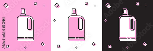 Set Fabric softener icon isolated on pink and white, black background. Liquid laundry detergent, conditioner, cleaning agent, bleach. Vector Illustration.