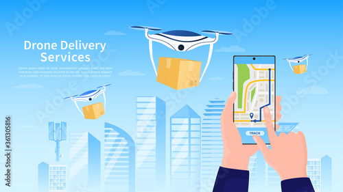 Drone delivery service concept. Hand holds a smartphone on the screen watching the delivery tracking. Fast and convenient transportation. Perfect for landing web design or application. Flat Vector