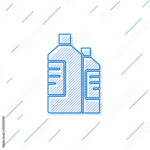 Blue line Plastic bottles for laundry detergent, bleach, dishwashing liquid or another cleaning agent icon isolated on white background. Vector Illustration.