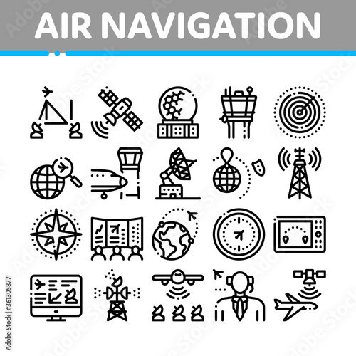 Air Navigation Tool Collection Icons Set Vector. Air Navigation Dispatcher And Traffic Control Building, Satellite And Radar Concept Linear Pictograms. Monochrome Contour Illustrations