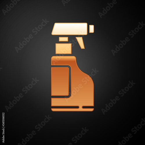 Gold Cleaning spray bottle with detergent liquid icon isolated on black background. Vector Illustration.