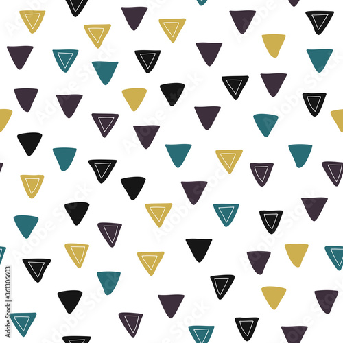 Seamless pattern with colour triangular key on a white background. Stains vector wallpaper. Funny vector illustration in the style of comics and hand-drawing. For children, teens.