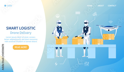 Automatic delivery service concept. Workers pack parcels. Drones are taken away for the customer. Logistics department of the delivery service. Artificial intelligence on the assembly line Flat Vector