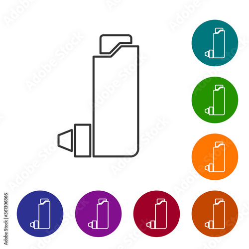 Black line Inhaler icon isolated on white background. Breather for cough relief, inhalation, allergic patient. Set icons in color circle buttons. Vector Illustration.