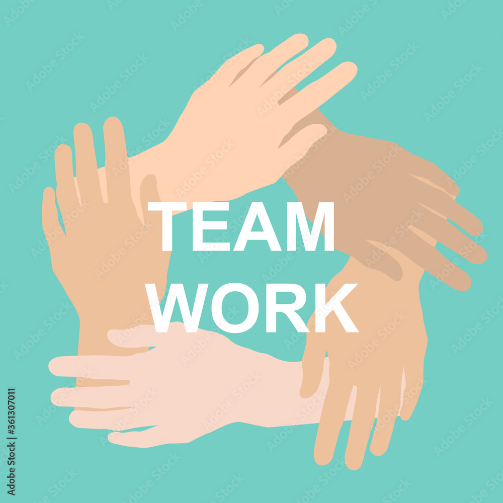 Flat vector illustration with hands joined together and word TEAMWORK, blue background Flat vector illustration with hands joined together and word TEAMWORK, blue background