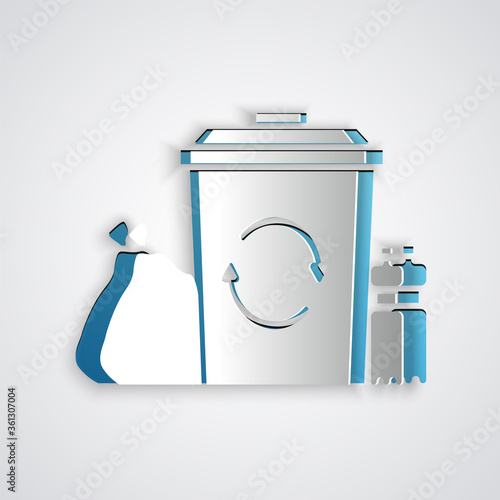 Paper cut Recycle bin with recycle symbol icon isolated on grey background. Trash can icon. Garbage bin sign. Recycle basket. Paper art style. Vector Illustration.