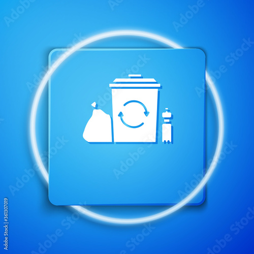 White Recycle bin with recycle symbol icon isolated on blue background. Trash can icon. Garbage bin sign. Recycle basket. Blue square button. Vector Illustration.