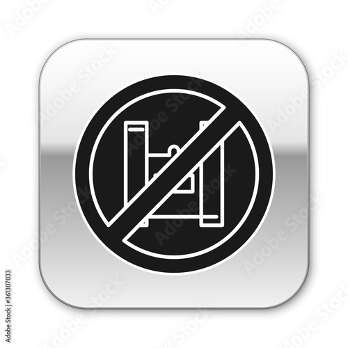 Black Say no to plastic bags poster icon isolated on white background. Disposable cellophane and polythene package prohibition sign. Silver square button. Vector Illustration.