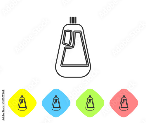 Grey line Plastic bottle for liquid laundry detergent, bleach, dishwashing liquid icon isolated on white background. Set icons in color rhombus buttons. Vector Illustration.