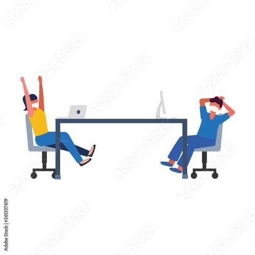 woman and man with masks on table vector design