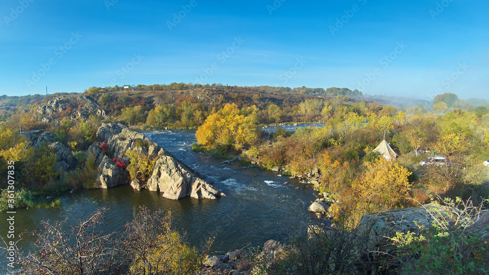 Southern Bug river landscape with Integral rapid in Migeya, Ukraine. Autumn river landscape