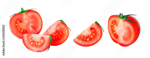 Pieces of tomatoes isolated on white background. Tomato collection, set vegetables