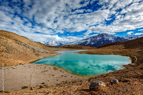 Dhankar Lake in Himalayas. Spiti Valley, Himachal Pradesh, India