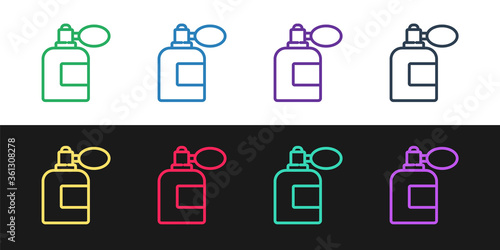 Set line Aftershave bottle with atomizer icon isolated on black and white background. Cologne spray icon. Male perfume bottle. Vector Illustration.
