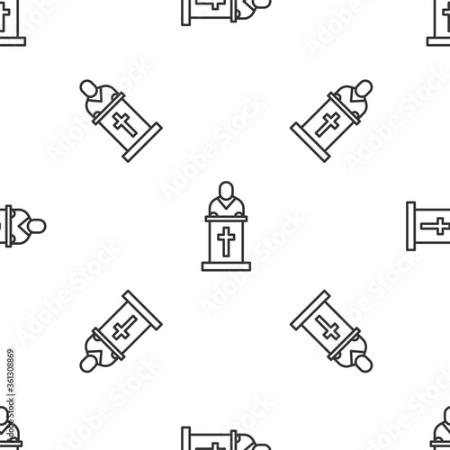 Grey line Church pastor preaching icon isolated seamless pattern on white background. Vector Illustration.