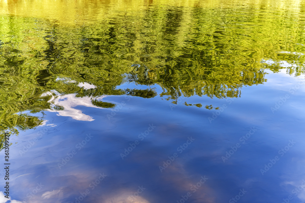 Wavy water surface of the river with reflection of coastal vegetation Wavy water surface of the river with reflection of coastal vegetation