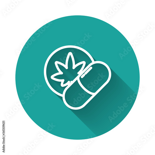 White line Herbal ecstasy tablets icon isolated with long shadow. Green circle button. Vector Illustration.