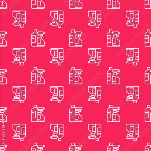 White line Plastic bottles for laundry detergent, bleach, dishwashing liquid or another cleaning agent icon isolated seamless pattern on red background. Vector Illustration.