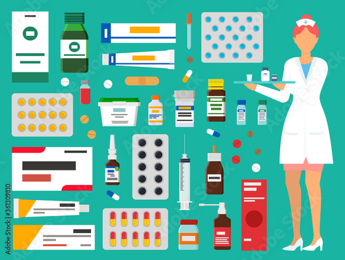 Medicine, pharmacy, hospital set of medicines in various forms. Medication, pharmaceutics concept. Nurse and medicines. Set of tablets, blister, spray, syrup, syringe, injection for sickness treatment
