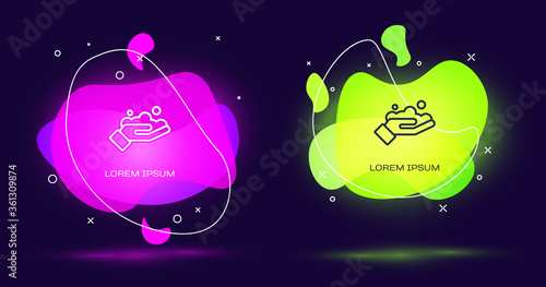 Line Washing hands with soap icon isolated on black background. Washing hands with soap to prevent virus and bacteria. Abstract banner with liquid shapes. Vector Illustration.